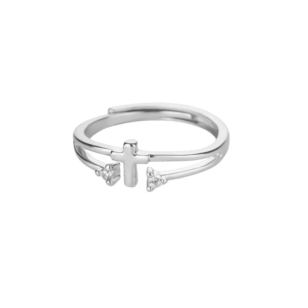 Anillo cruz con circonias de doble aro en plateado — vista de producto
