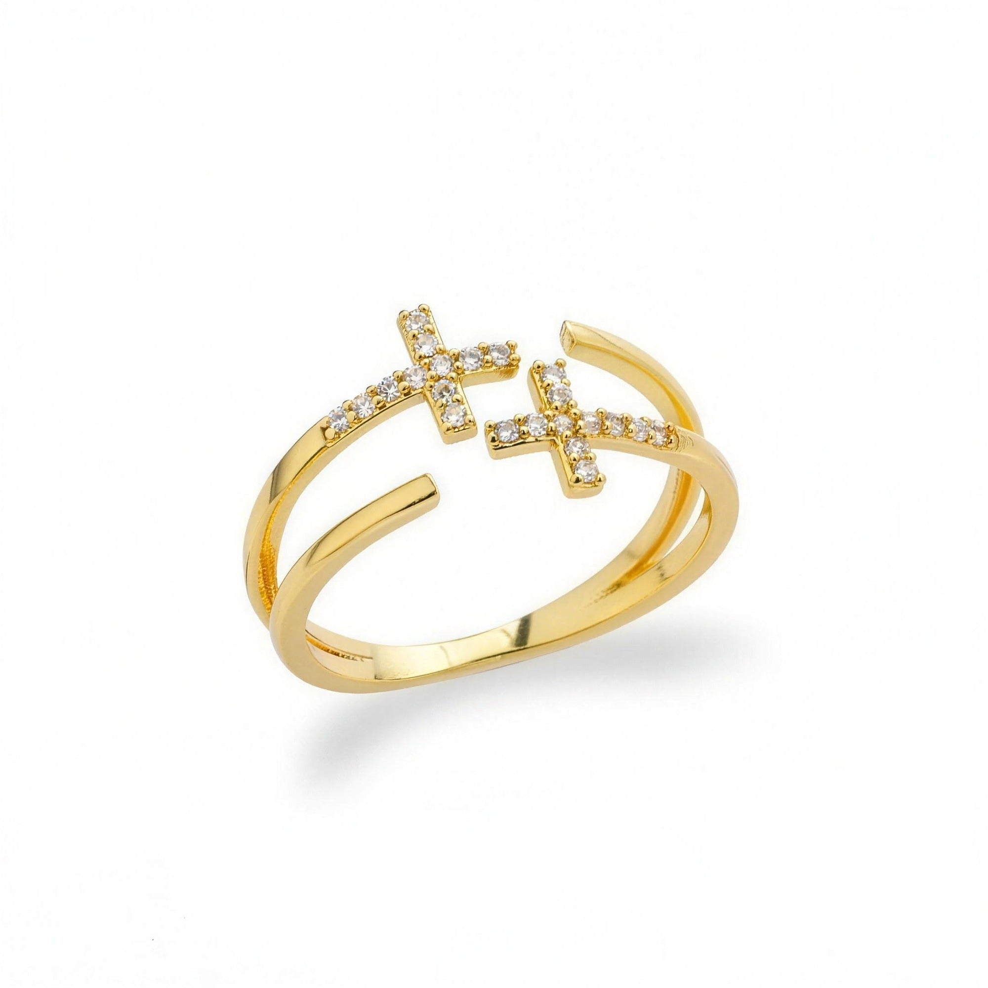 Anillo doble cruz de circonias en acero dorado — vista de producto