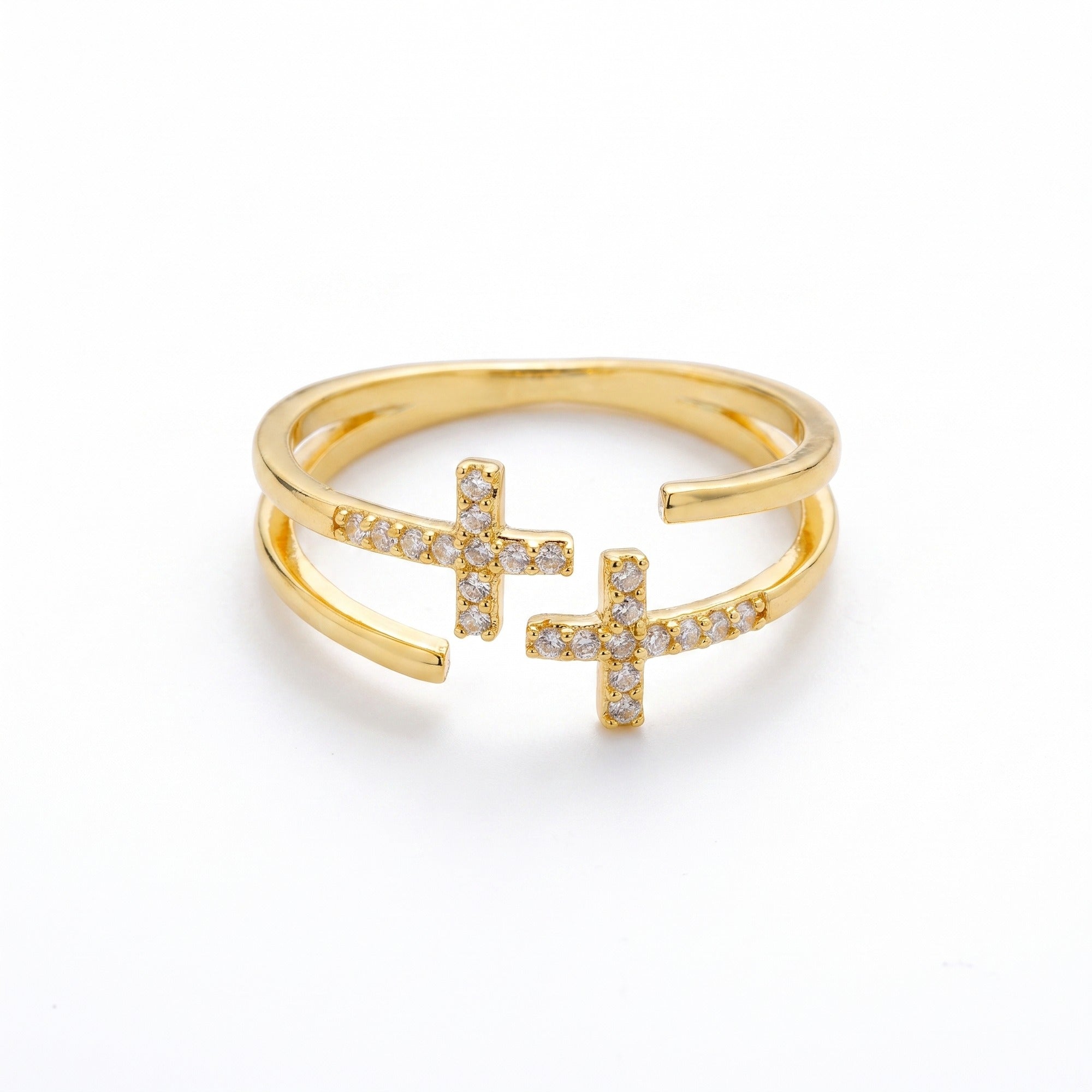 Anillo doble cruz de circonias dorado — vista en ángulo
