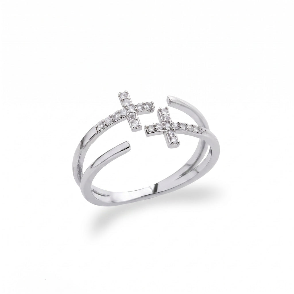 Anillo doble cruz de circonias en plateado — vista de producto
