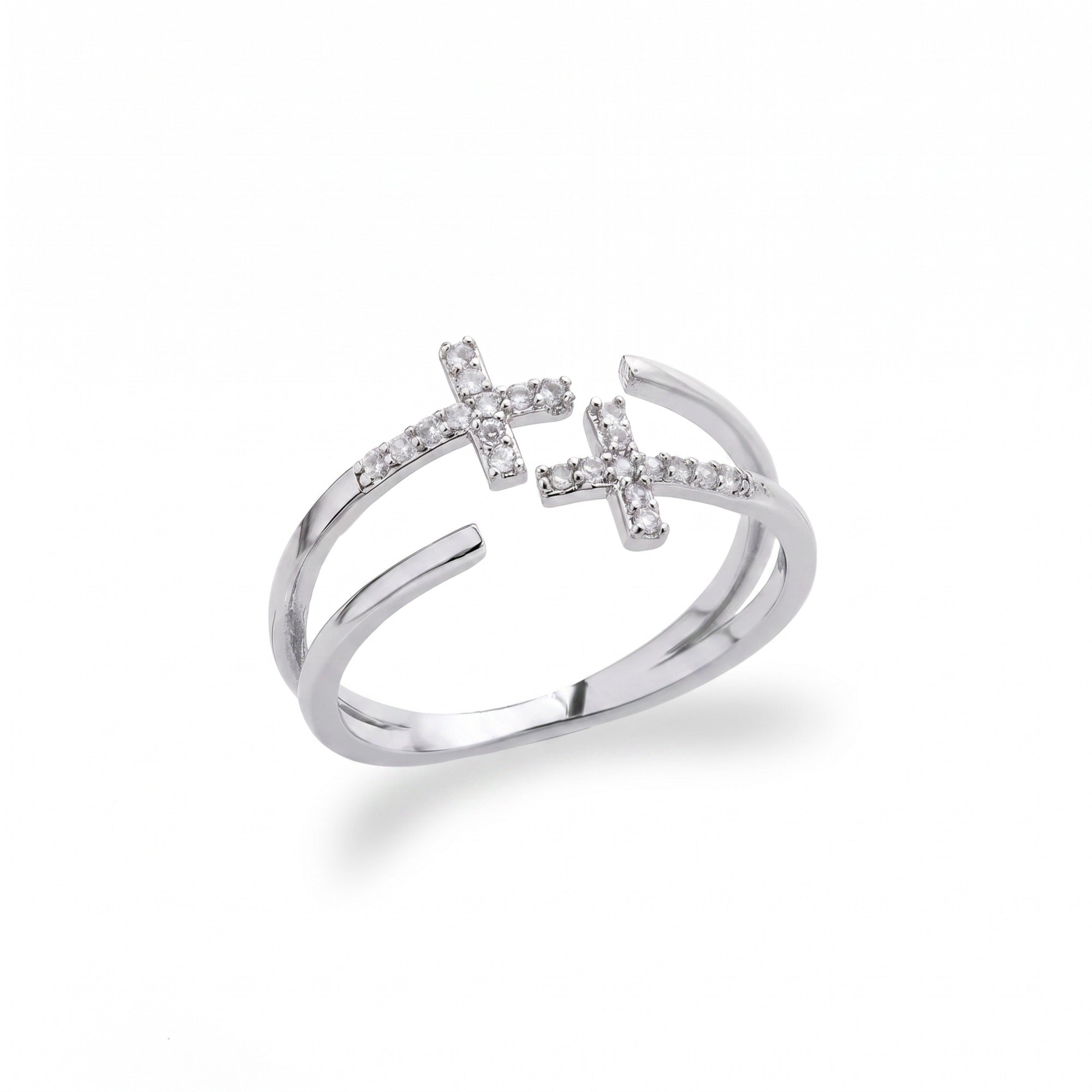 Anillo doble cruz de circonias en plateado — vista de producto