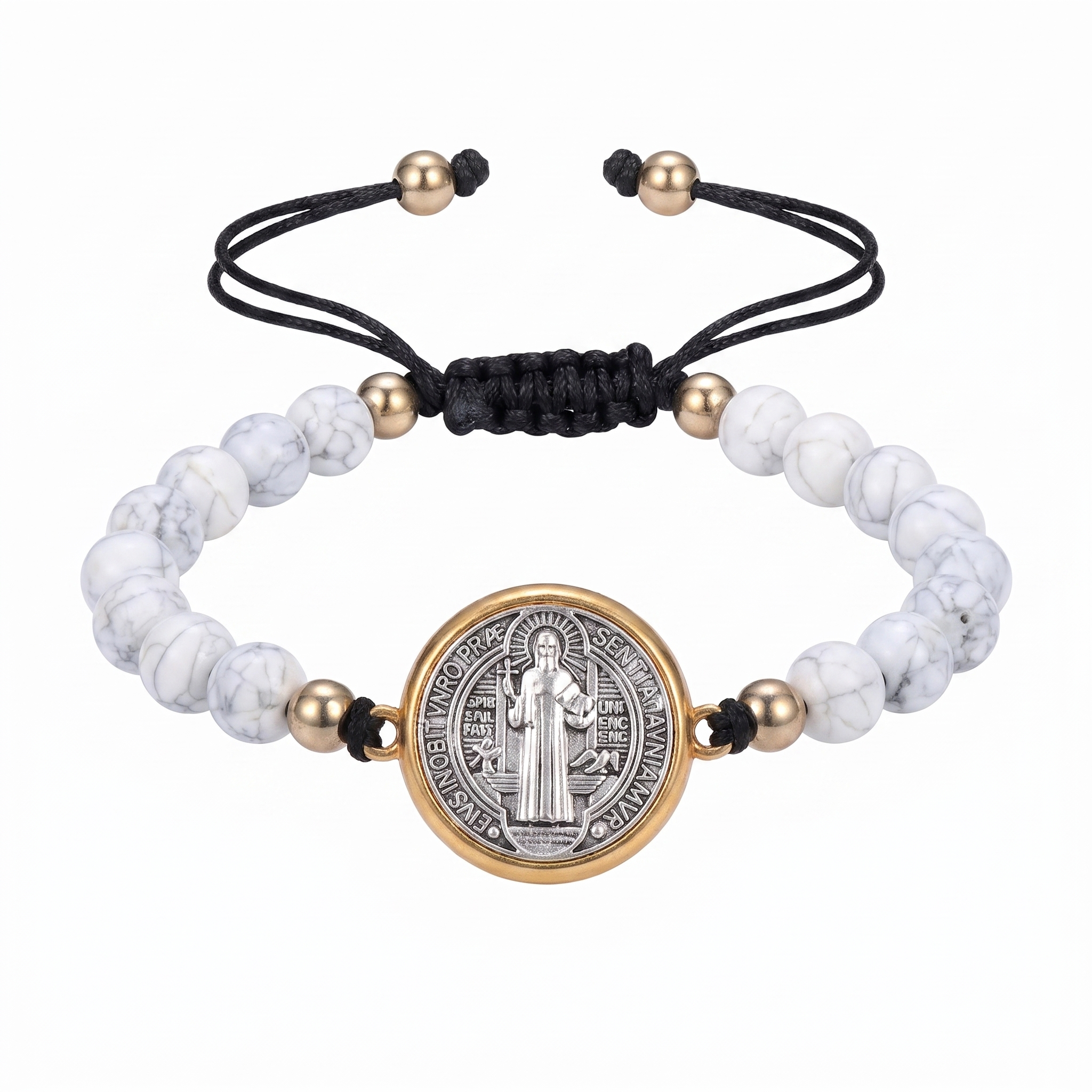 Pulsera de San Benito en blanco — vista completa con medalla de protección