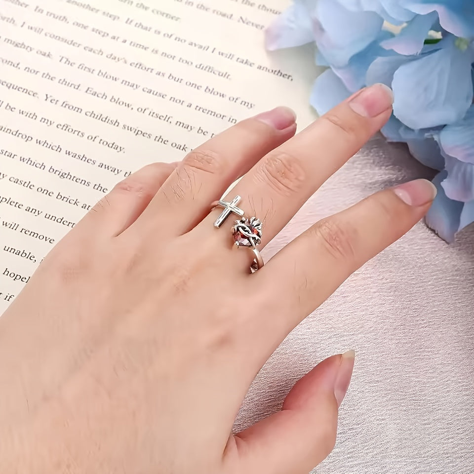 Detalle del cierre y cadena — Anillo Sagrado Corazon - Plata con Zirconia Roja