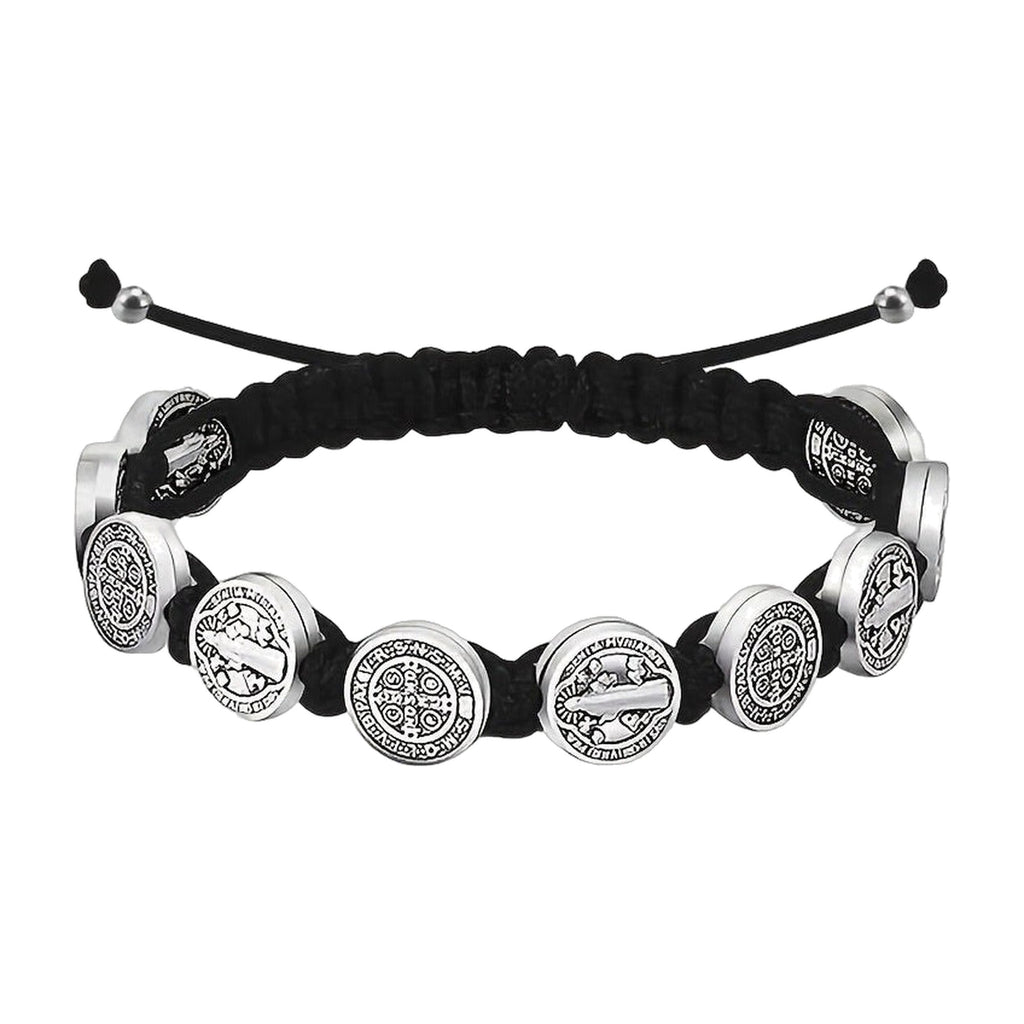 Pulsera de Cordón con Medallas de San Benito en plata y cordón negro