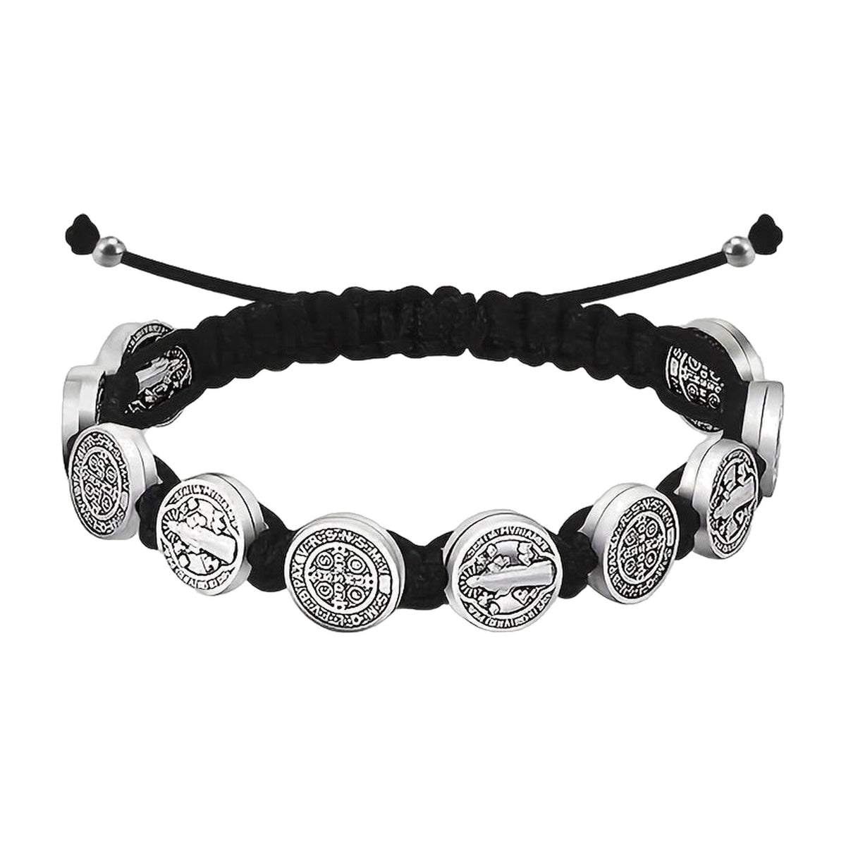 Pulsera de Cordón con Medallas de San Benito en plata y cordón negro
