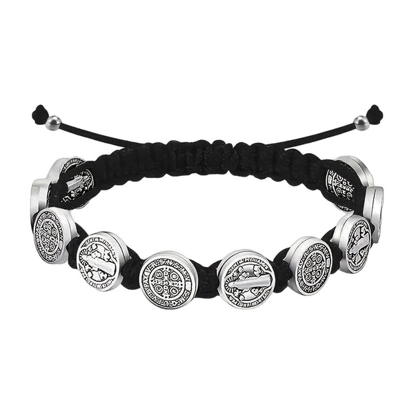 Pulsera de Cordón con Medallas de San Benito en plata y cordón negro