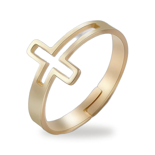 Anillo ajustable con cruz minimalista en acabado dorado — vista completa