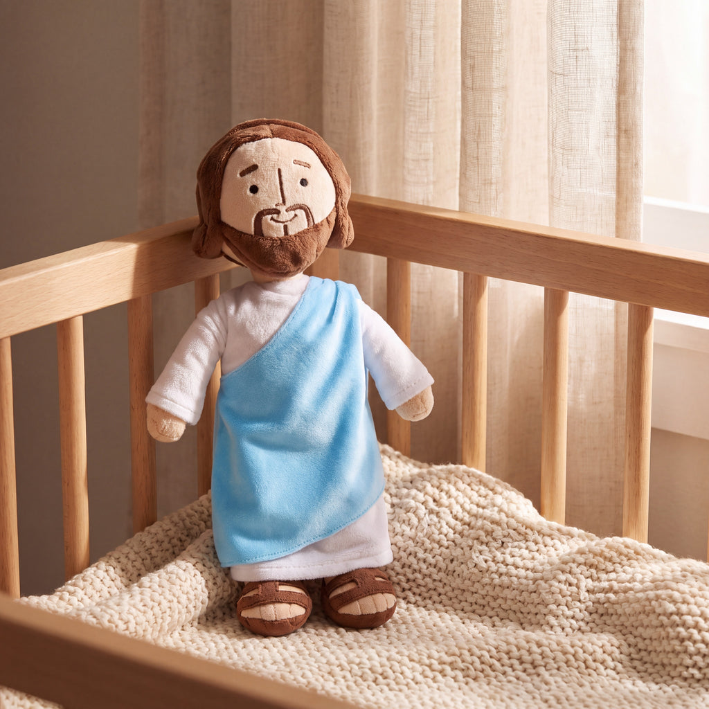 Peluche de Jesús en una cuna de madera sobre manta tejida