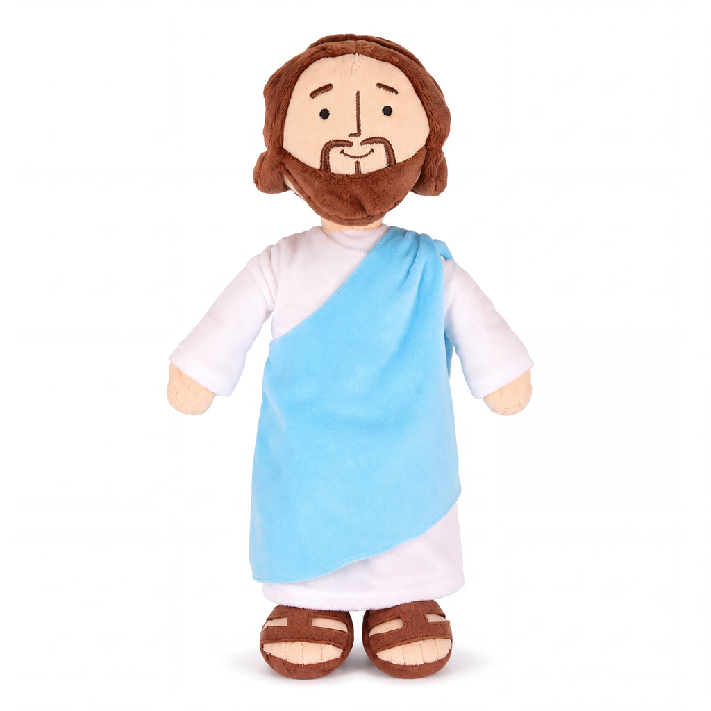 Muñeco de Jesús de peluche con manto azul — vista completa