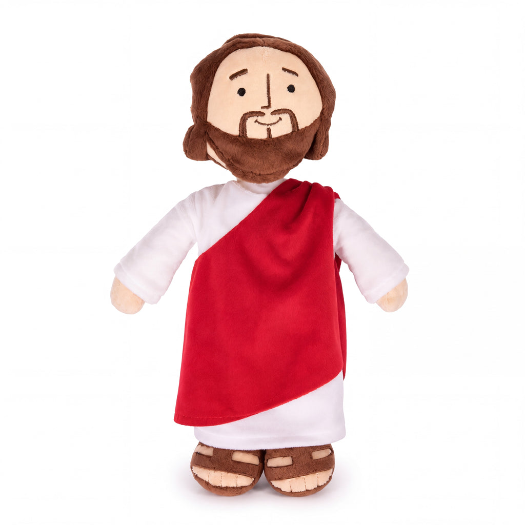 Muñeco de Jesús de peluche con manto rojo — vista completa