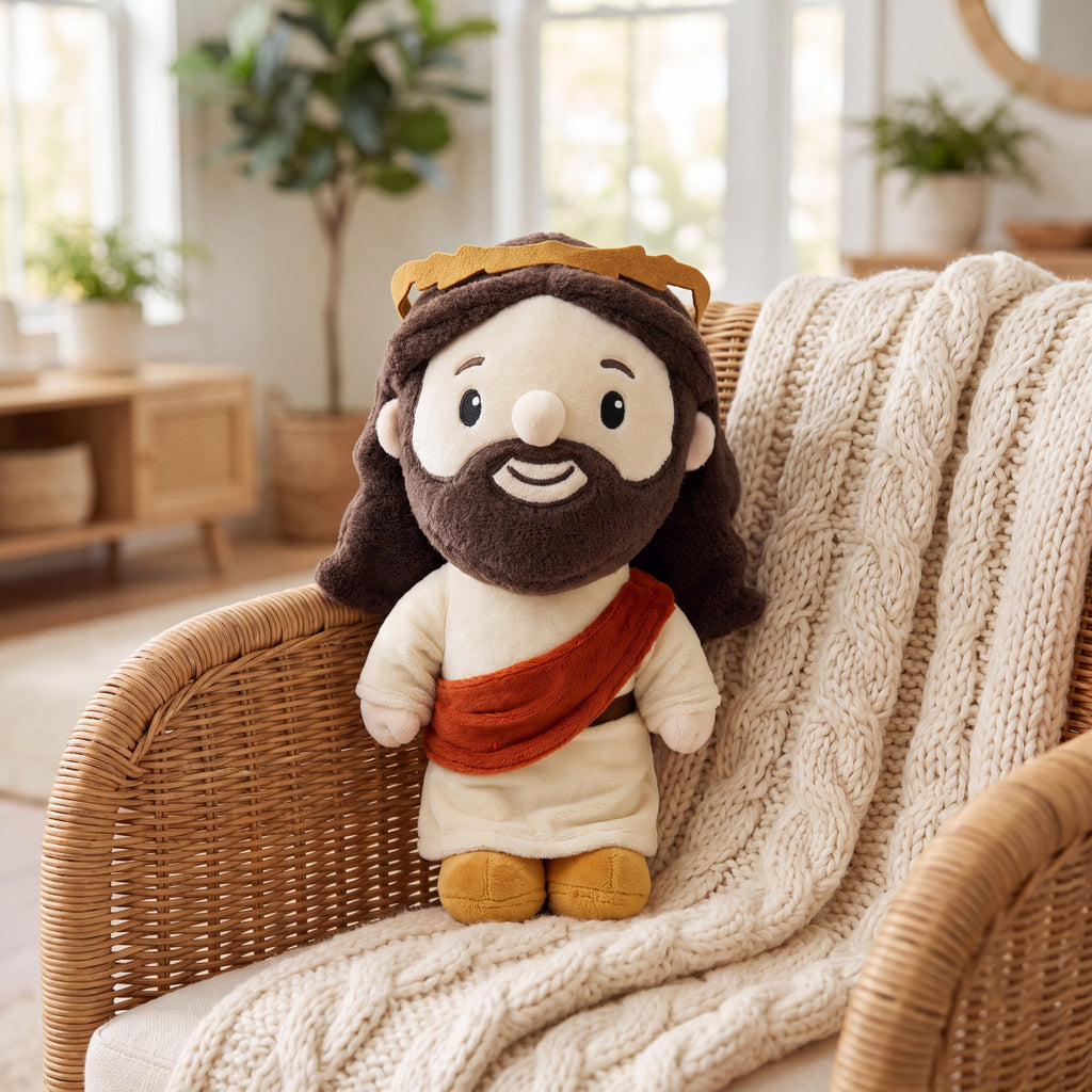 Peluche de Jesús con corona apoyado en una silla de mimbre con manta de lana