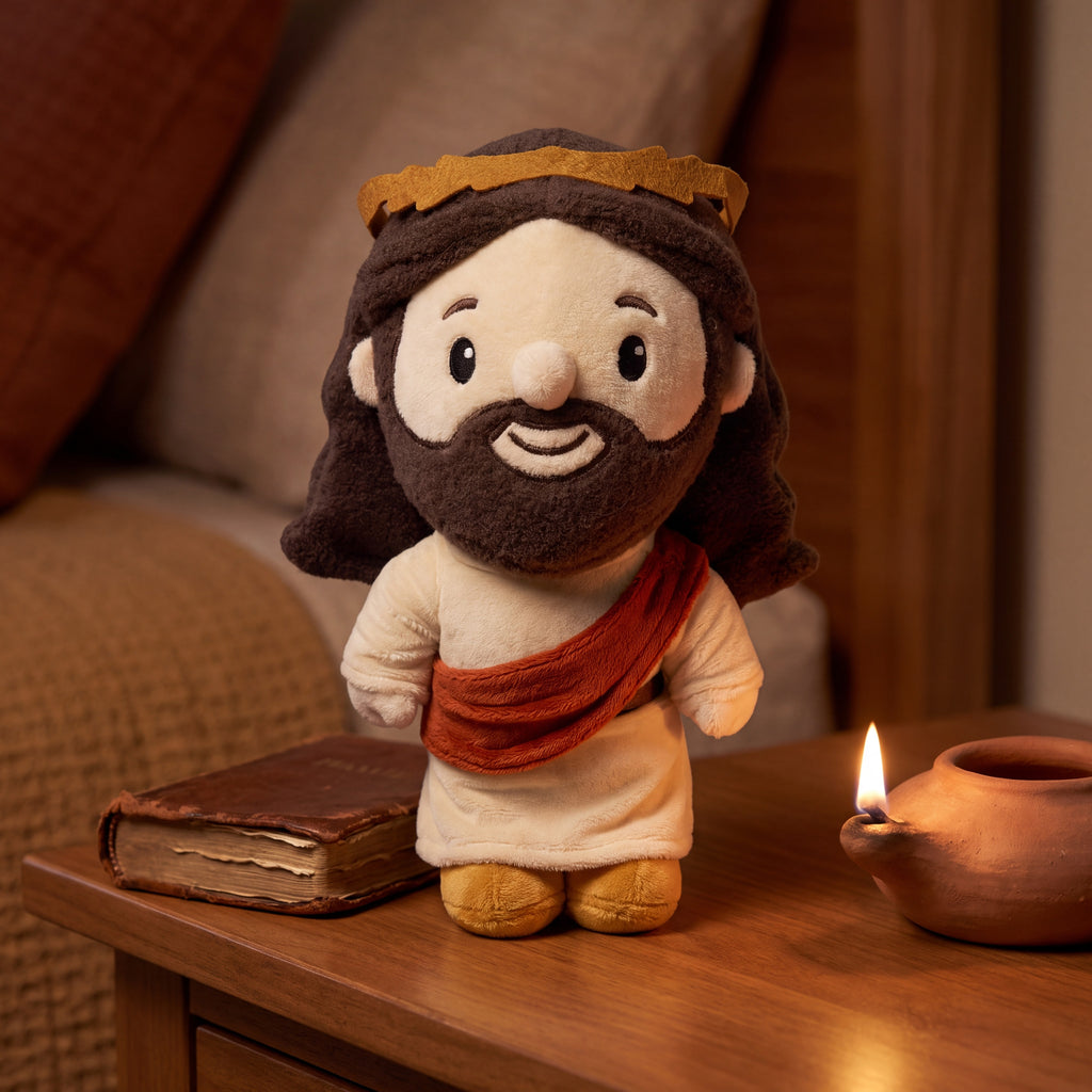 Peluche de Jesús con corona en la mesita de noche junto a un libro de oraciones