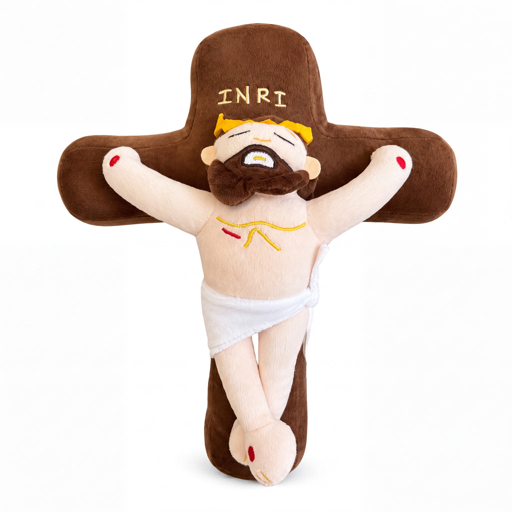 Cojín de peluche en forma de cruz con Cristo crucificado e INRI — vista completa
