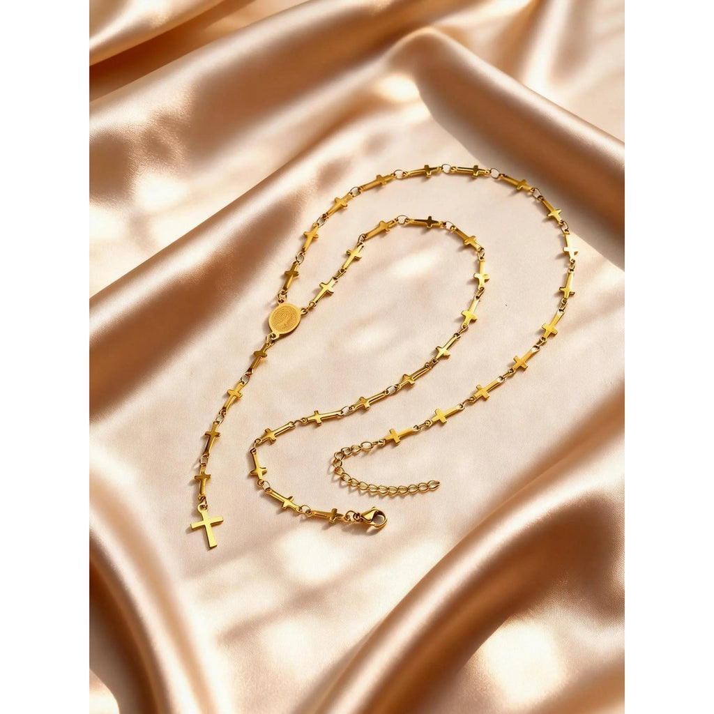 Detalle del cierre y cadena — Collar Rosario en Y - Crucecitas y Medalla de la Virgen