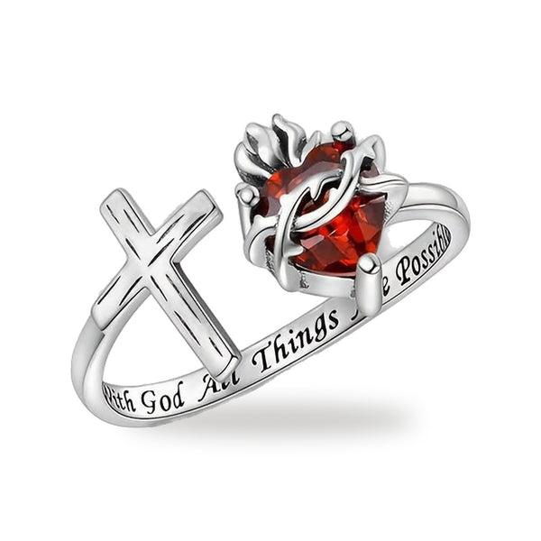 Anillo ajustable del Sagrado Corazón de Jesús con zirconia roja — vista completa