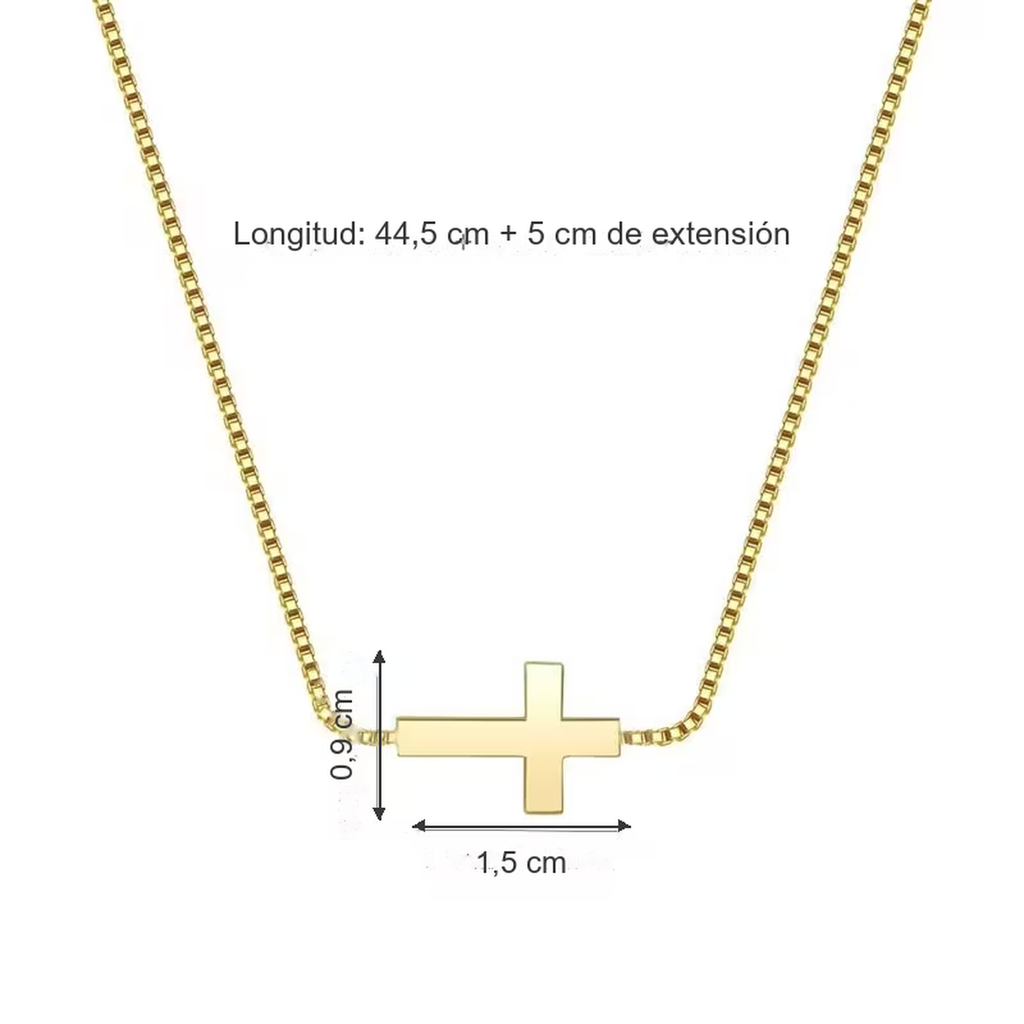 Medidas del collar de mini cruz horizontal en dorado: cruz de 1,5 x 0,9 cm y cadena de 44,5 cm mas 5 cm de extension