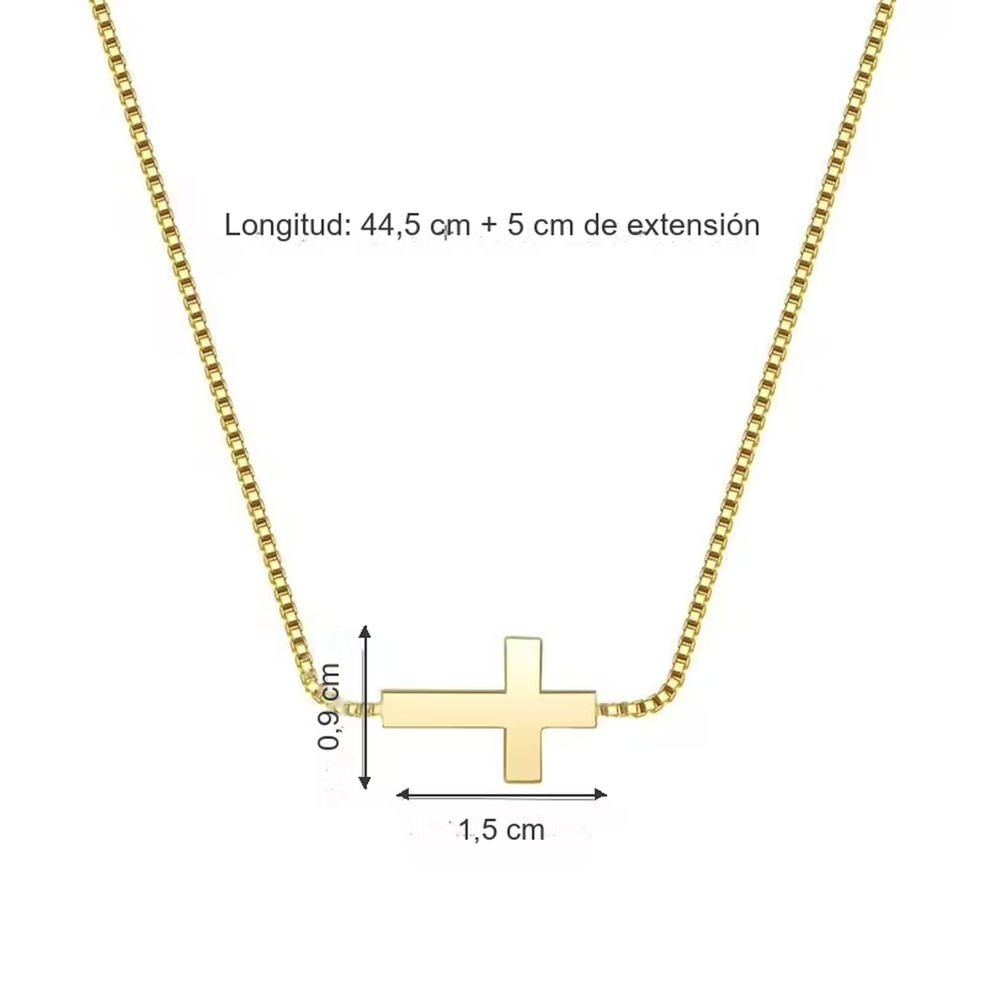 Medidas del collar de mini cruz horizontal en dorado: cruz de 1,5 x 0,9 cm y cadena de 44,5 cm mas 5 cm de extension