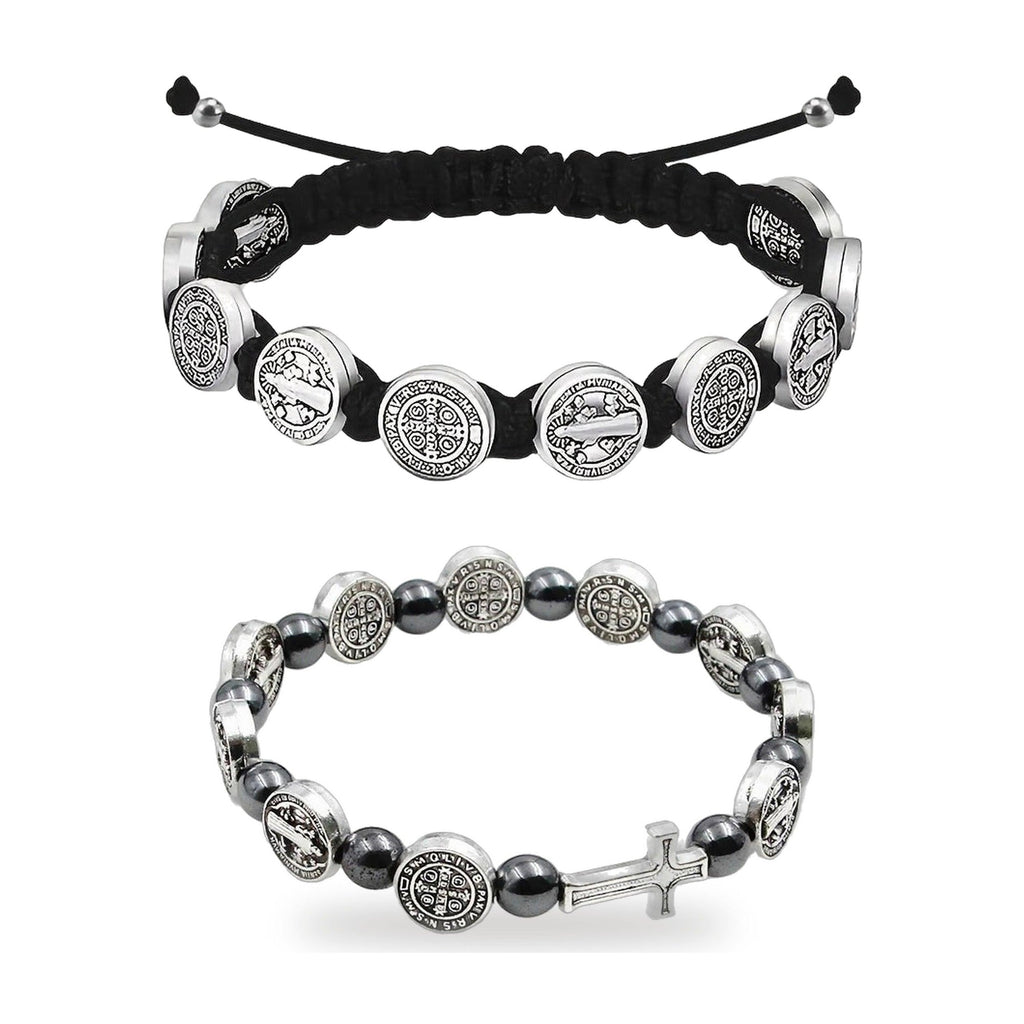 Dúo de pulseras de San Benito: pulsera de cordón negro con medallas y pulsera de hematita con medallas y cruz