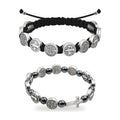 Dúo de pulseras de San Benito: pulsera de cordón negro con medallas y pulsera de hematita con medallas y cruz