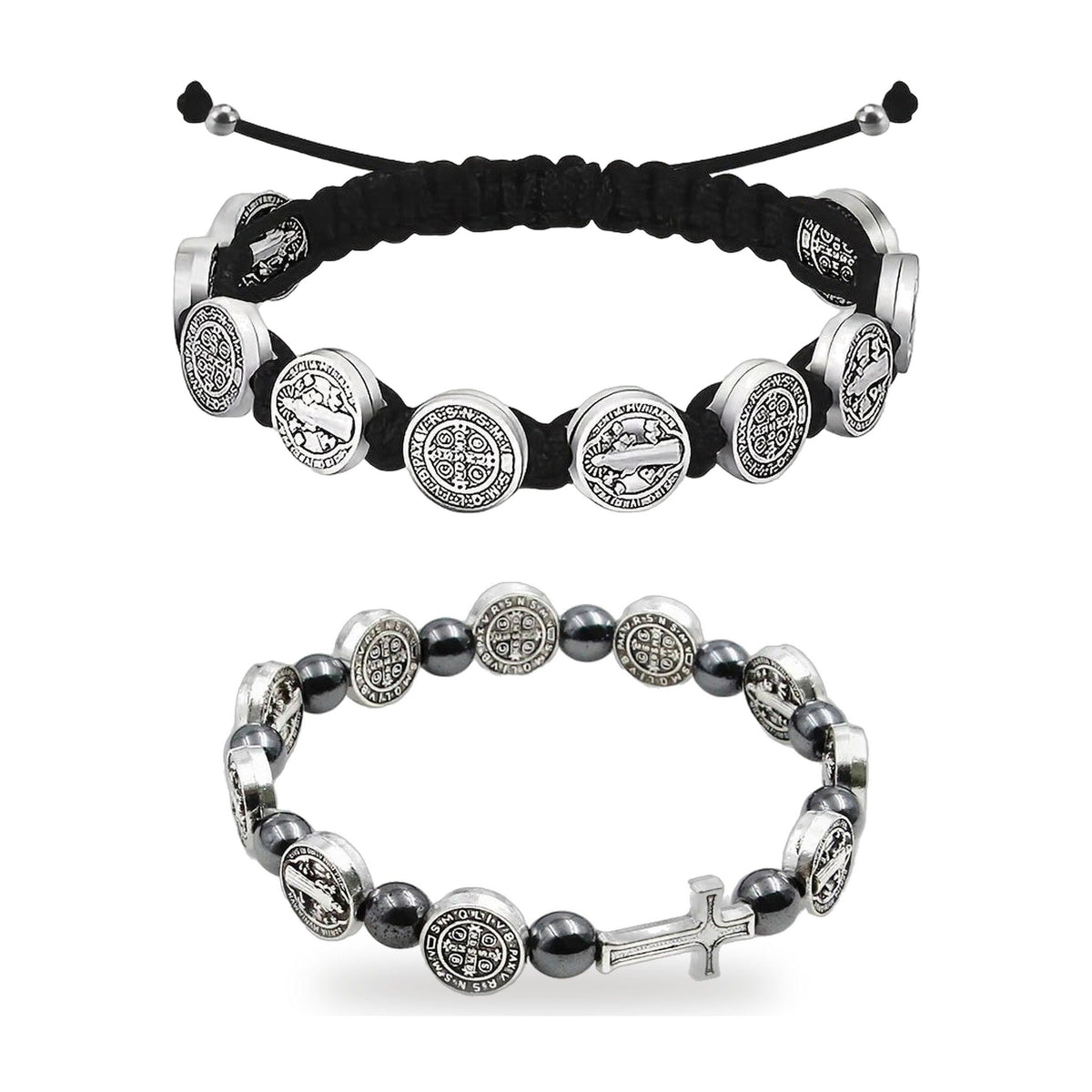 Dúo de pulseras de San Benito: pulsera de cordón negro con medallas y pulsera de hematita con medallas y cruz