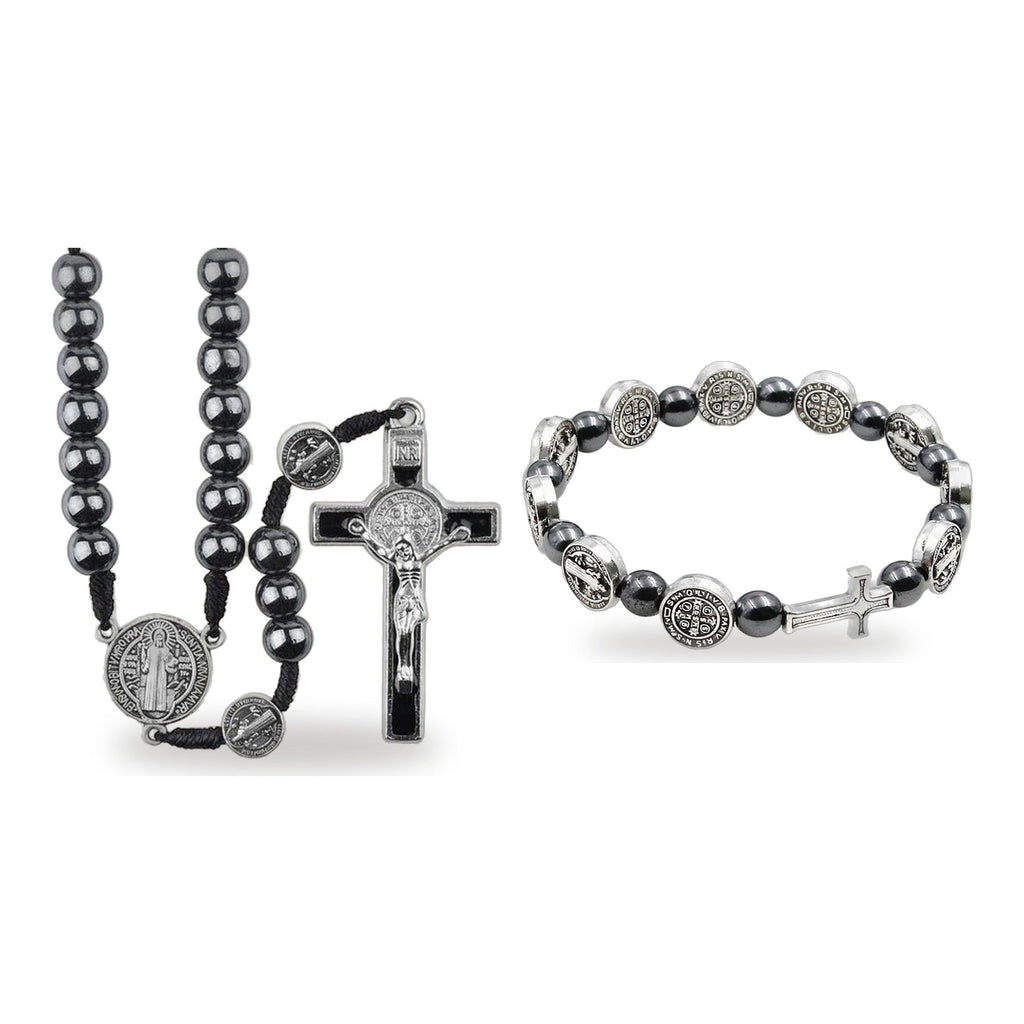 Kit Protección San Benito: rosario de hematita con medalla y pulsera de hematita con medallas de San Benito