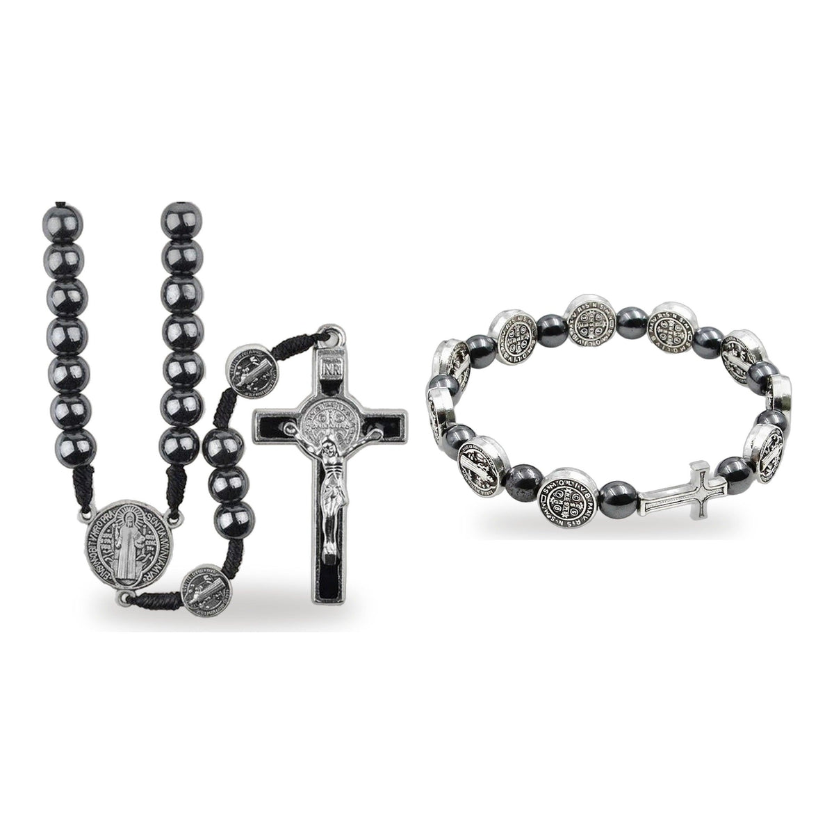 Kit Protección San Benito: rosario de hematita con medalla y pulsera de hematita con medallas de San Benito