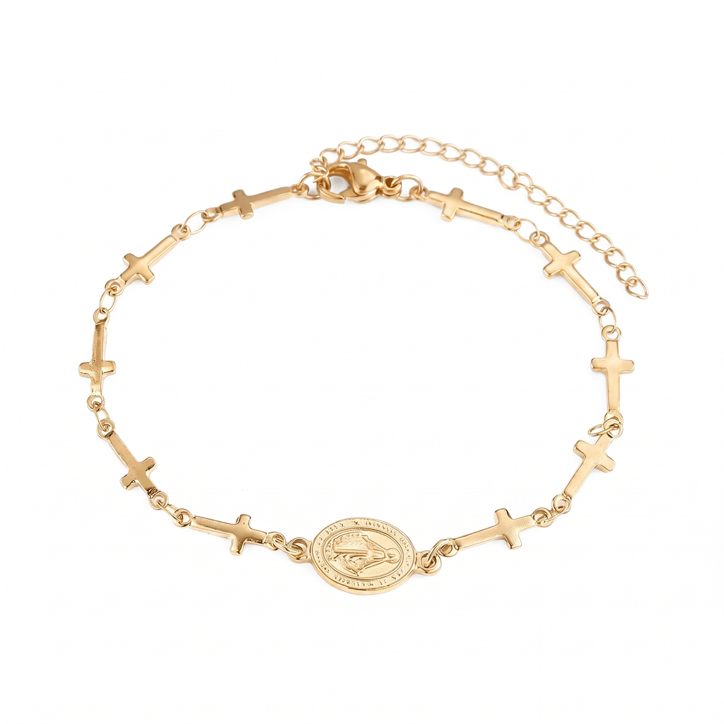 Pulsera de la Medalla Milagrosa con cruces en dorado — vista completa