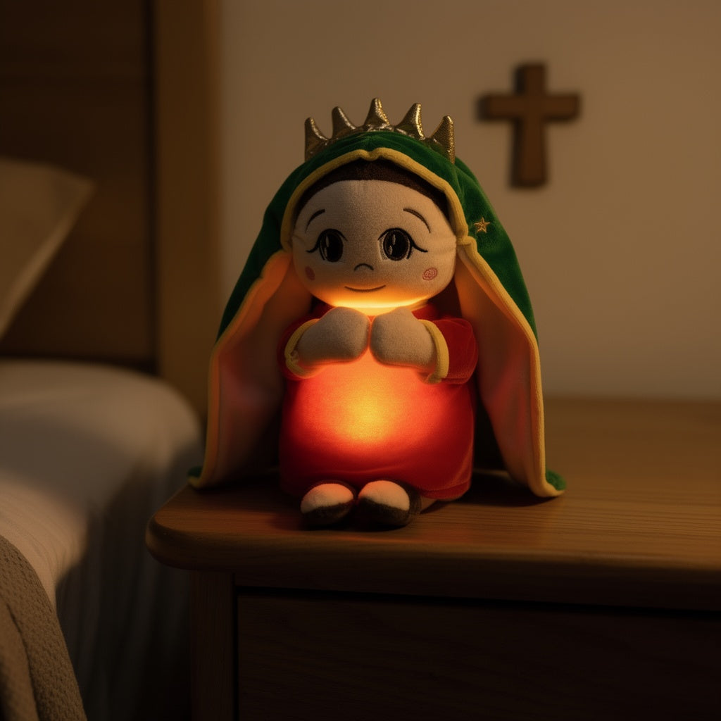 Peluche de la Virgen de Guadalupe encendido como luz nocturna en la mesita de noche