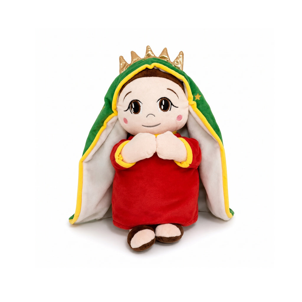 Peluche de la Virgen de Guadalupe con luz nocturna — vista frontal sobre fondo blanco