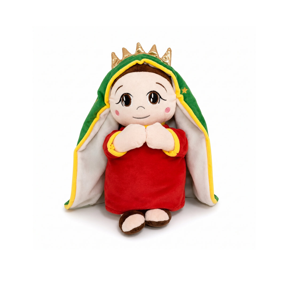Peluche de la Virgen de Guadalupe con luz nocturna — vista frontal sobre fondo blanco