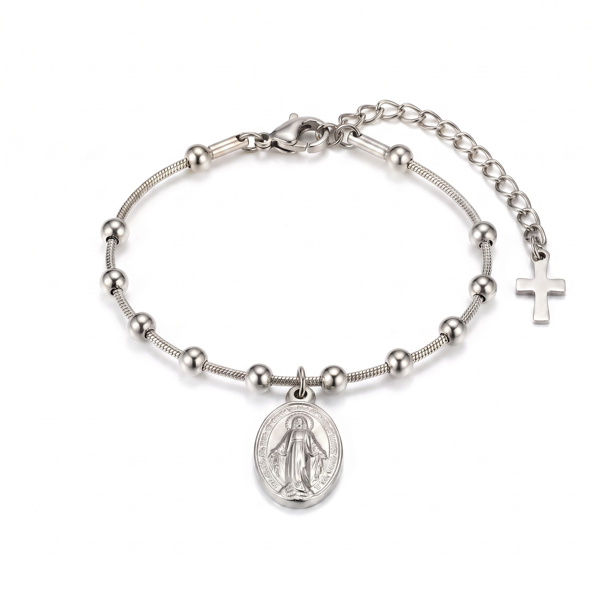 Pulsera de la Medalla Milagrosa en plata con cruz lisa — vista completa