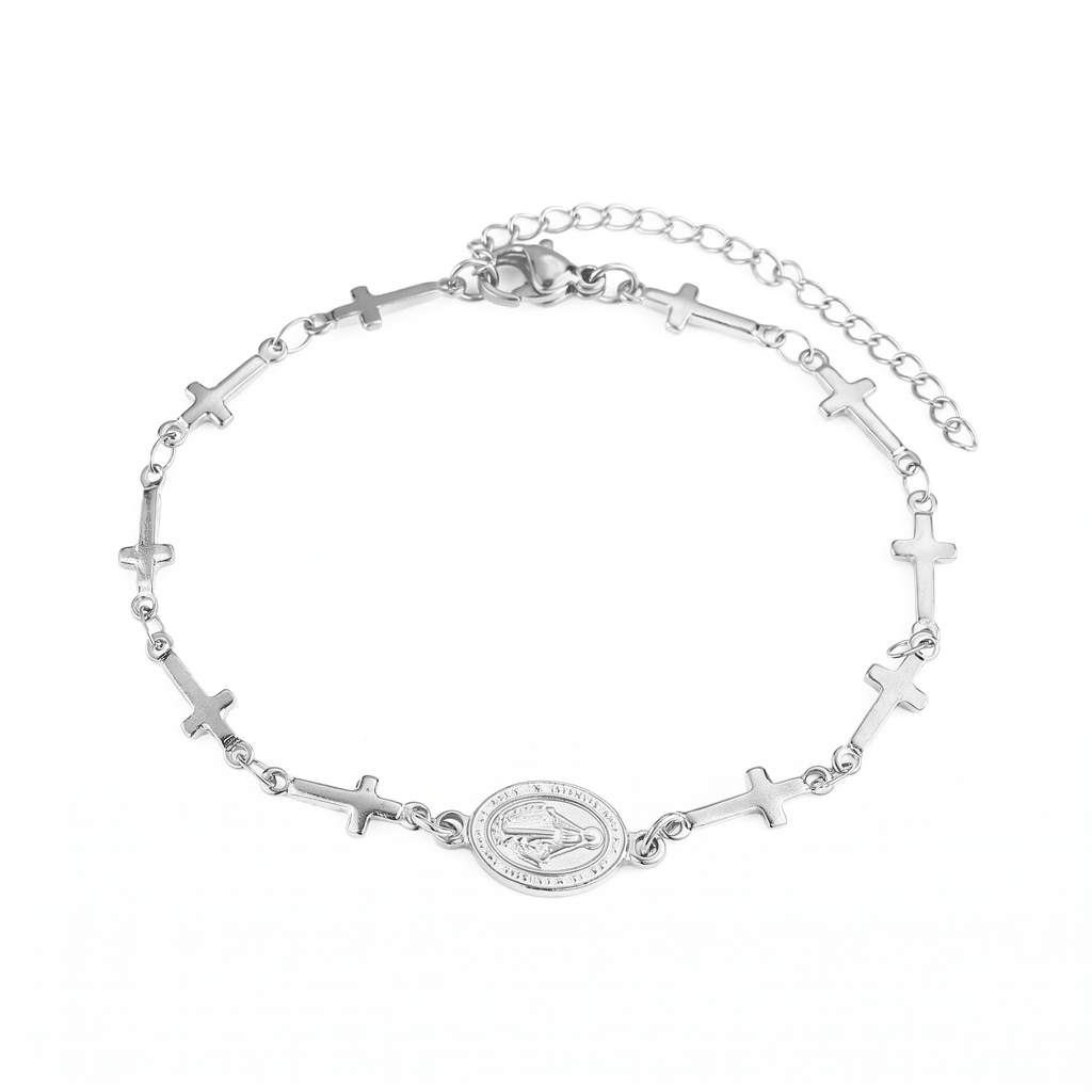 Pulsera de la Medalla Milagrosa con cruces en plata — vista completa