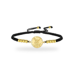Pulsera de San Miguel Arcángel en acero dorado con cordón negro trenzado — vista completa