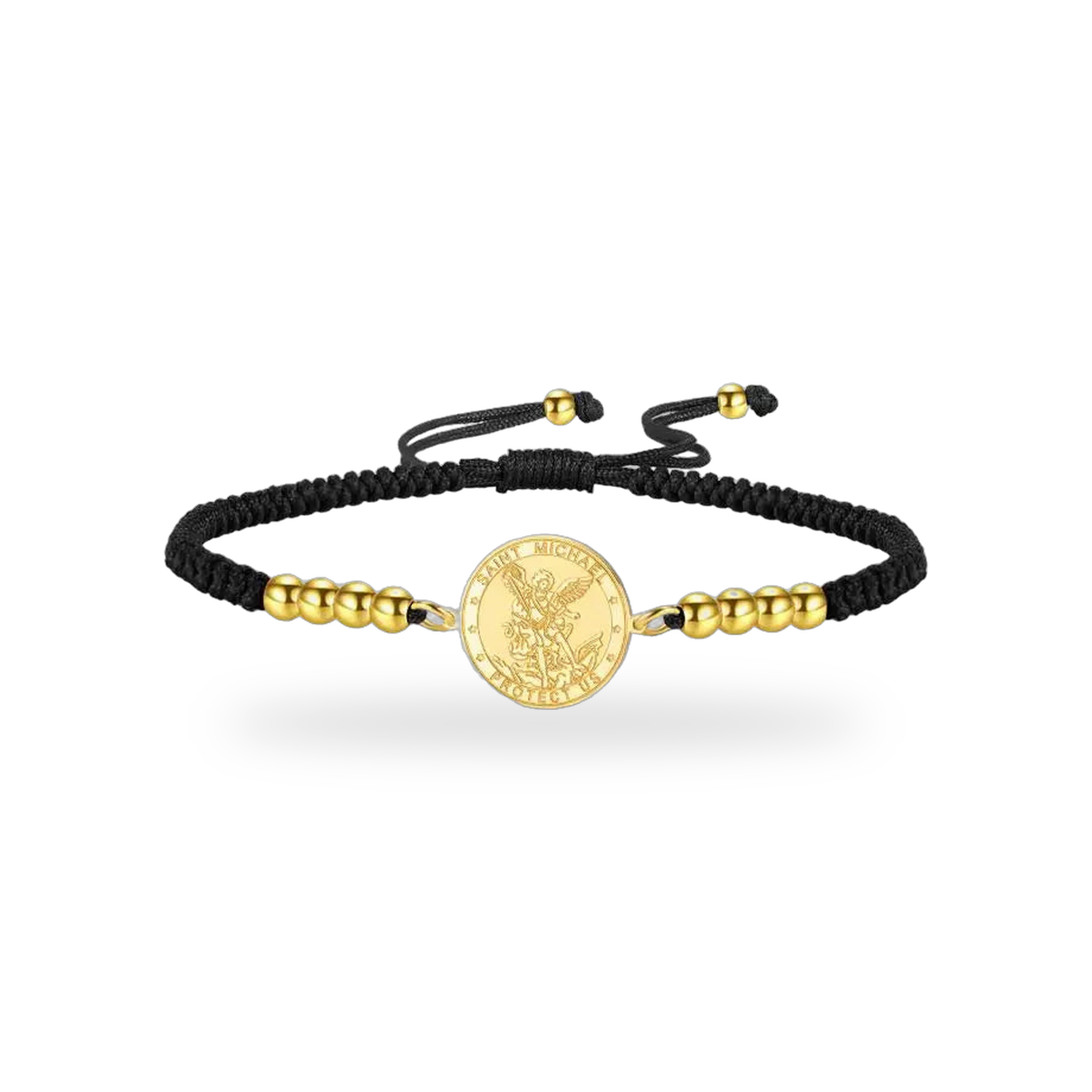 Pulsera de San Miguel Arcángel en acero dorado con cordón negro trenzado — vista completa