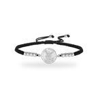 Pulsera de San Miguel Arcángel en acero plateado con cordón negro trenzado — vista completa