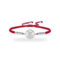 Pulsera de San Miguel Arcángel en acero plateado con cordón rojo trenzado — vista completa