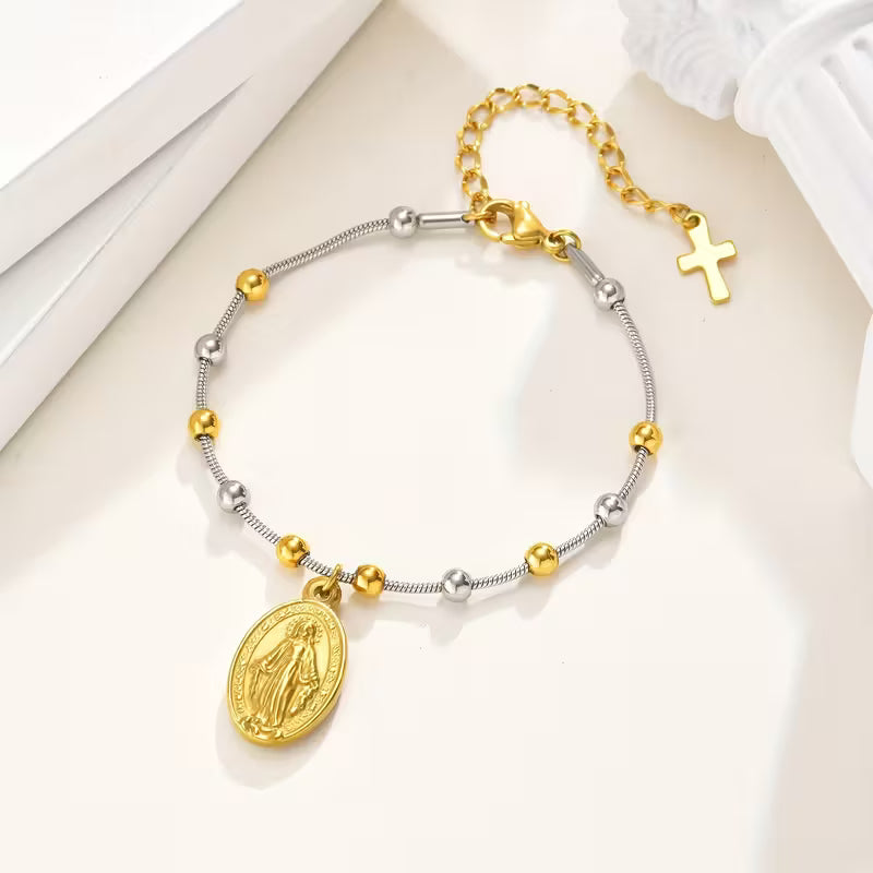 Pulsera de Rosario Virgen María Chapada en Oro