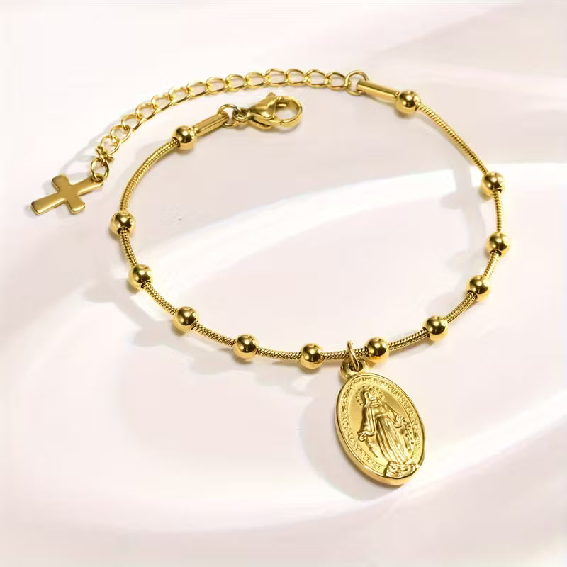 Pulsera de Rosario Virgen María Chapada en Oro
