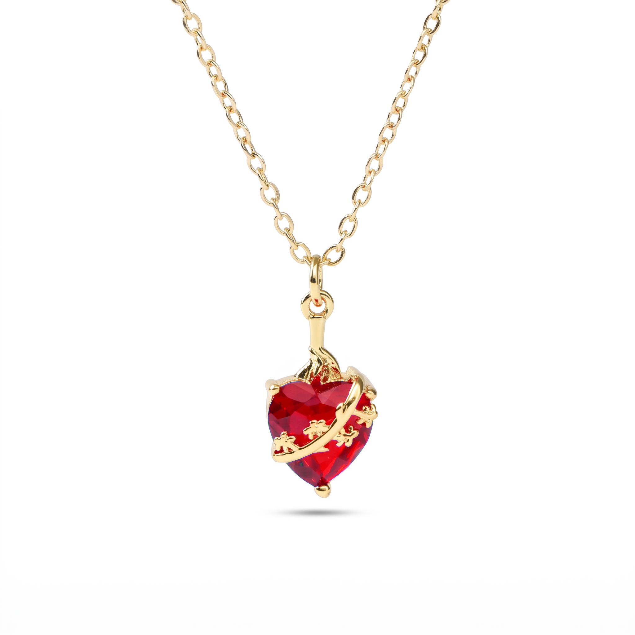 Collar del Castísimo Corazón de San José: corazón de circonia roja con la vara florecida en dorado, sobre fondo blanco — vista completa