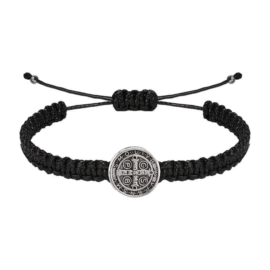 Pulsera Trenzada de San Benito en cordón negro con medalla plateada