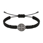 Pulsera Trenzada de San Benito en cordón negro con medalla plateada