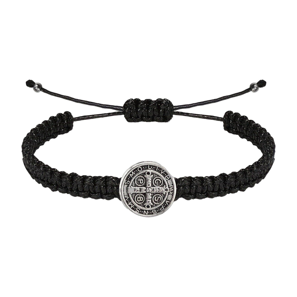 Pulsera Trenzada de San Benito en cordón negro con medalla plateada