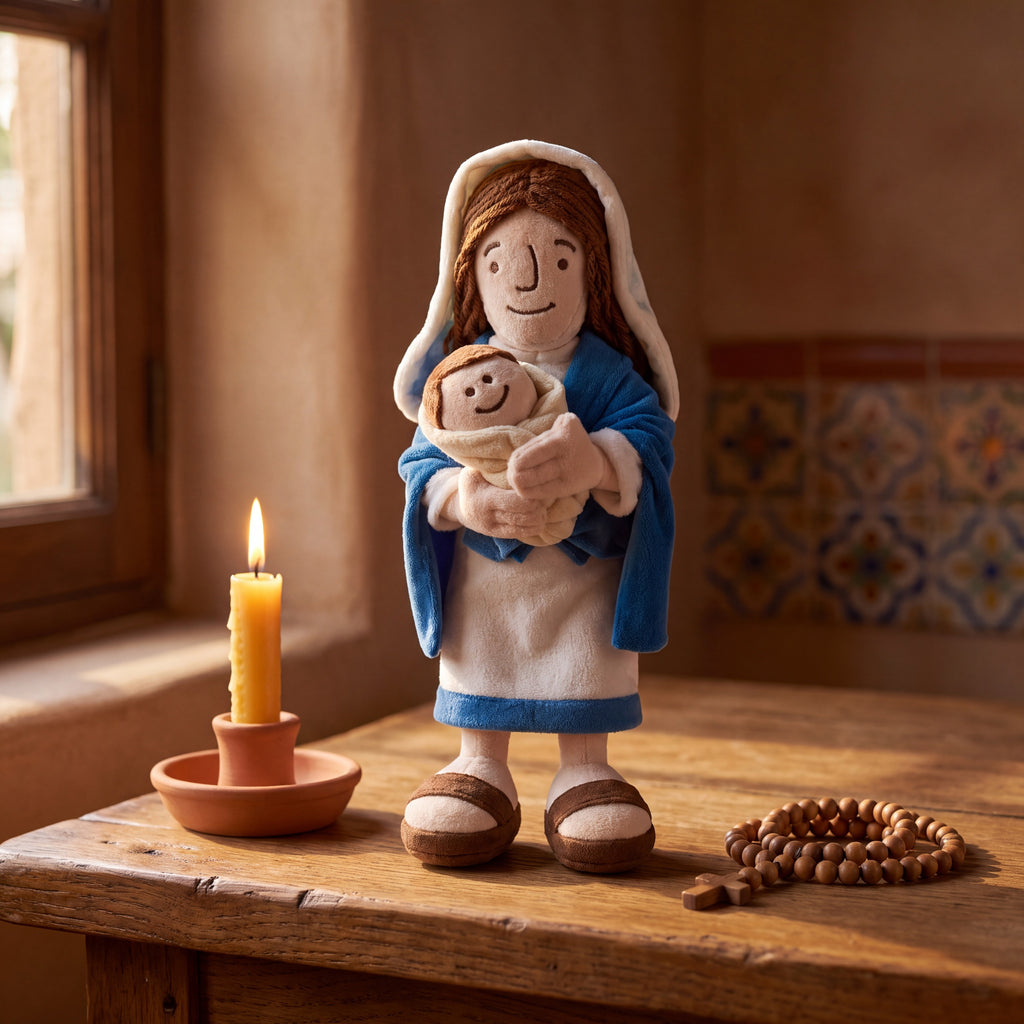 Peluche de la Virgen María junto a una vela encendida y un rosario