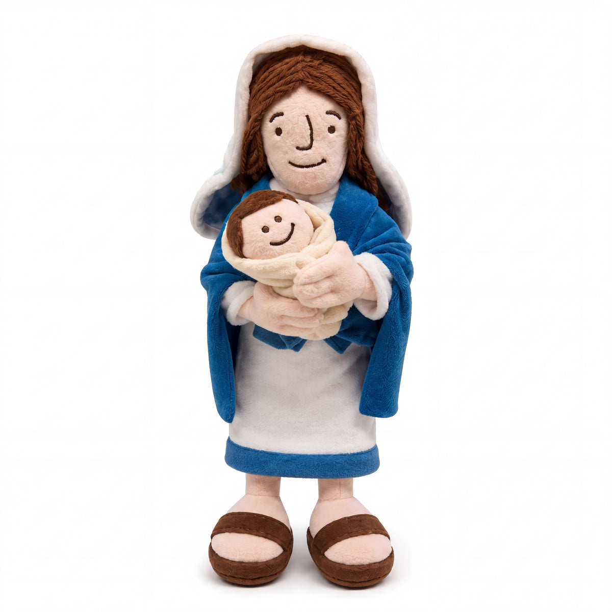 Peluche de la Virgen María con el Niño Jesús y manto azul — vista completa