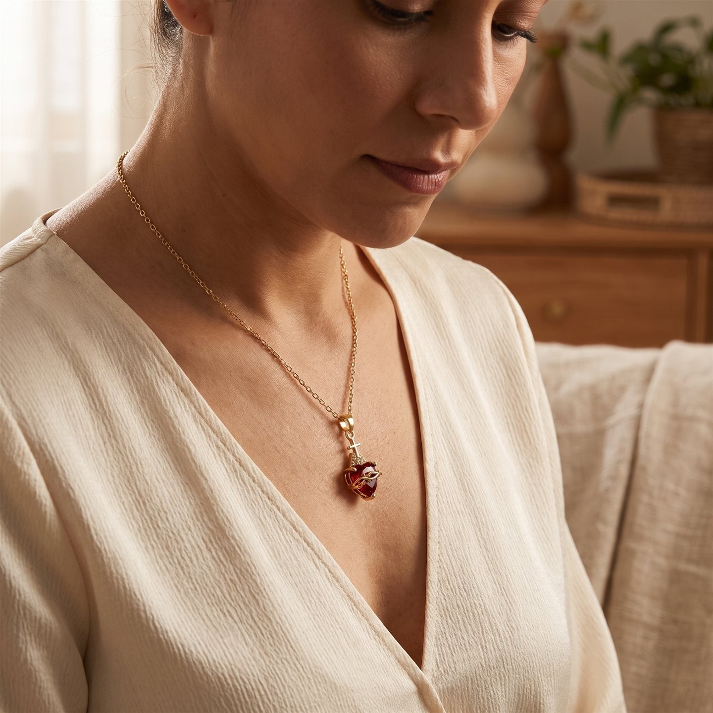 Mujer llevando el Collar del Sagrado Corazón de Jesús sobre el pecho, ambiente devocional