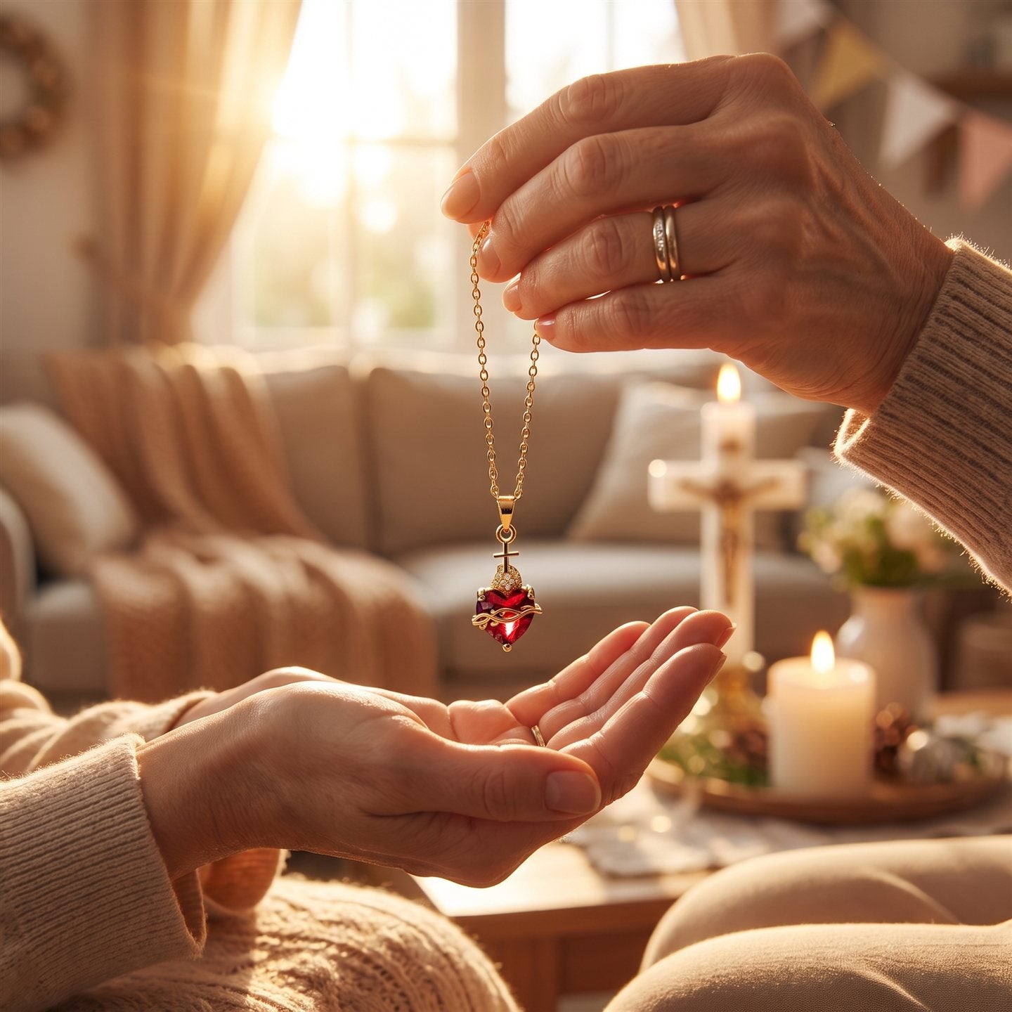 Manos entregando el Collar del Sagrado Corazón de Jesús como regalo espiritual
